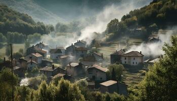 ai gerado montanha panorama com névoa, velho Fazenda cabana, e outono Prado gerado de ai foto