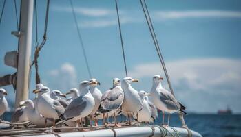 ai gerado gaivotas vôo livremente sobre a azul mar, natureza Navegando companheiros gerado de ai foto