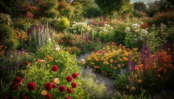 ai gerado uma vibrante Prado do multi colori flores dentro uma verão panorama gerado de ai foto