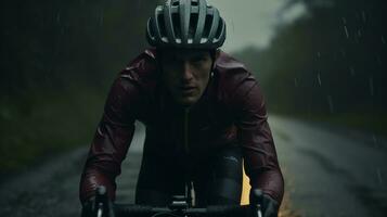 ai gerado ciclista corajoso chuvoso clima ai gerado foto