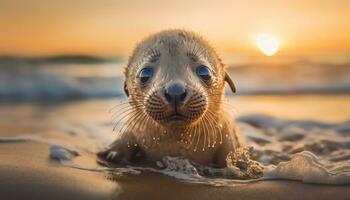 ai gerado fofa foca em arenoso praia, olhando às Câmera, desfrutando pôr do sol gerado de ai foto