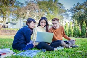 grupo de estudantes universitários asiáticos sentados na grama verde trabalhando e lendo juntos em um parque