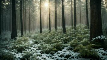 ai gerado ilustrar a complexo ecossistema do uma inverno floresta, detalhamento a adaptações do flora e fauna para a severo frio e escassez do recursos. foto