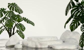 3d Renderização moderno brincar Rocha pódio do branco mármore pedestal com ondas e trópico plantar ilustração abstrato fundo foto
