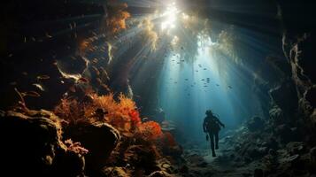 ai gerado uma mergulhador natação através uma túnel do colorida coral foto