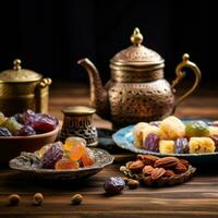 ai gerado tradicional Ramadã doces e chá em uma de madeira mesa, representando a alegria do quebra a velozes durante Ramadã foto