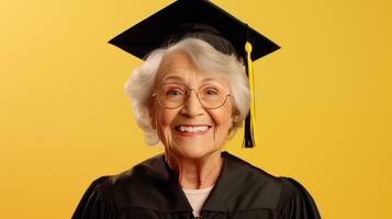 ai gerado a Mais velho mulher vestindo uma graduação boné e vestido foto