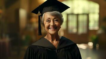 ai gerado a Mais velho mulher vestindo uma graduação vestido e boné foto