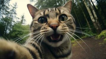 ai gerado uma gato levando uma selfie com Está boca aberto foto