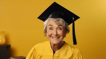 ai gerado a Mais velho mulher vestindo uma graduação boné e vestido foto