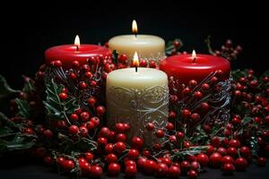 ai gerado Natal luz de velas com uma círculo do velas sempre-verde e vibrante vermelho bagas, Natal cenário foto