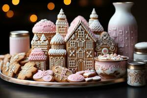 ai gerado fechar acima cena apresentando Pão de gengibre casa biscoitos em uma vintage bandeja adornado com delicioso miniatura feriado figuras e adereços, Natal cenário foto