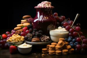 ai gerado capturar a momento com uma chocolate fondue fonte e a sortimento do imersível guloseimas, alegre Natal imagens foto