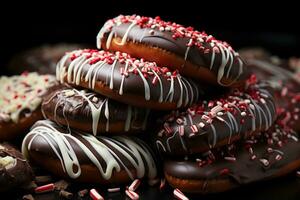 ai gerado festivo e delicioso uma feriado quadro do chocolate coberto salgadinhos e hortelã-pimenta latido, Natal fundo foto