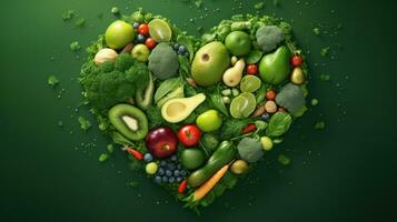 ai gerado uma variedade do frutas e legumes estão arranjado dentro uma coração forma em uma verde fundo foto