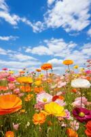 ai gerado uma misturar do rosa, amarelo, e laranja flores silvestres dentro uma campo com uma azul céu e nuvens. foto