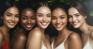 ai gerado lindo jovem multiétnico mulheres com natural inventar. publicidade para fêmea moda modelos, face e corpo pele Cuidado. foto