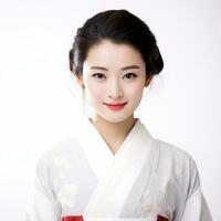 ai gerado retrato do uma japonês mulher em uma branco fundo foto