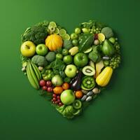 ai gerado uma variedade do frutas e legumes estão arranjado dentro uma coração forma em uma verde fundo foto