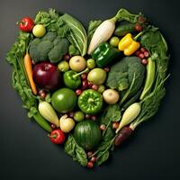 ai gerado coração forma do legumes e frutas, dentro a estilo do Sombrio verde foto