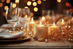 ai gerado velas e corda luzes iluminar a mesa, Natal cenário foto
