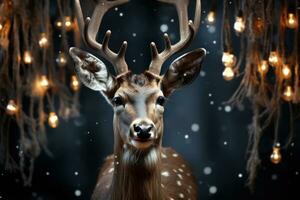 ai gerado uma encantador rena com tilintar prata sinos aumenta a feriado espírito, Natal fundo foto