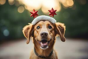ai gerado Castanho dourado retriever cachorro vestindo Natal Estrela arco de cabelo traje dentro bokeh fundo foto