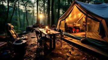 ai gerado acampamento barraca dentro uma floresta às noite. aventura e viagem conceito. foto