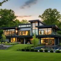 ai gerado uma deslumbrante moderno casa senta aninhado dentro uma exuberante verde panorama. foto