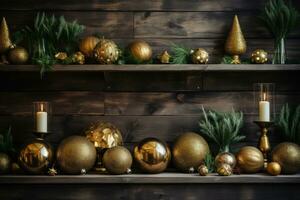 ai gerado uma caloroso e convidativo Natal configuração com dourado enfeites, vegetação, e uma rústico madeira fundo foto