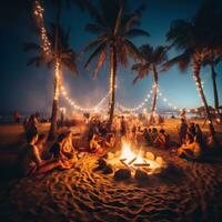 ai gerado uma de praia festa com Palma árvores e luz lâmpada guirlandas enquadramento a cena foto