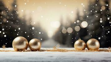 ai gerado uma deslumbrante ouro e branco Natal cena com cintilante bolas e uma coberto de neve fundo foto