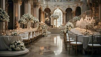 ai gerado Casamento recepção conjunto acima dentro uma grande salão de baile com elegante decoração. foto