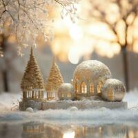 ai gerado uma deslumbrante ouro e branco Natal cena com cintilante bolas e uma coberto de neve fundo foto