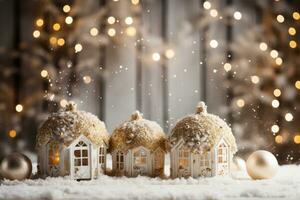 ai gerado uma deslumbrante ouro e branco Natal cena com cintilante bolas e uma coberto de neve fundo foto