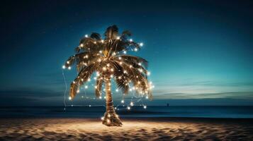 ai gerado uma solteiro Palma árvore em uma praia, embrulhado dentro uma corda do luz lâmpada guirlandas. foto