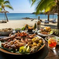 ai gerado beira-mar churrasco com uma mesa carregado com fresco frutos do mar e tropical frutas foto