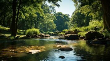 ai gerado tranquilo rio fluindo através a exuberante floresta, com uma variedade do animais visível. foto