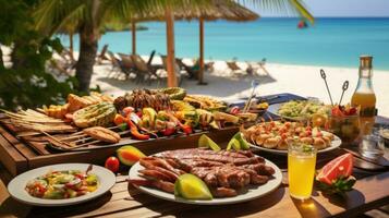 ai gerado beira-mar churrasco com uma mesa carregado com fresco frutos do mar e tropical frutas foto