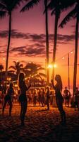 ai gerado uma grupo do pessoas jogando de praia voleibol debaixo a luzes, com a som do a ondas. foto