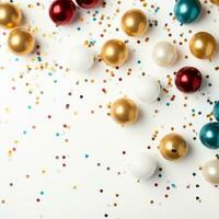 ai gerado uma festivo e Diversão feriado cena com dourado bolas e colorida confete contra uma branco pano de fundo foto