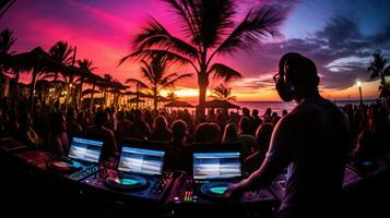 ai gerado uma dj cabine em a de praia com uma multidão do pessoas dançando e tendo Diversão dentro a fundo foto