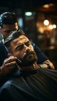 ai gerado barbearia mão segurando uma em linha reta navalha preparado para barbear uma do cliente barba foto