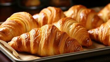 ai gerado recentemente cozido croissants, com dourado Castanho escamoso exteriores e camadas do amanteigado bondade visível foto