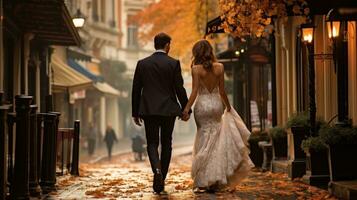 ai gerado uma noiva e noivo partilha uma concurso momento enquanto levando uma romântico passear dentro uma encantador cidade foto