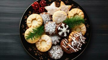 ai gerado delicioso Natal biscoitos em uma festivo prato, ótimo para uma Comida blog ou receita local na rede Internet foto