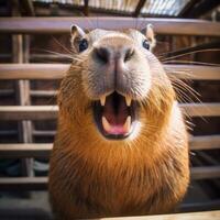 ai gerado uma capivara dentro uma jardim zoológico, lá ampla frente dentes e com membranas pés foto