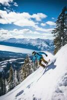 ai gerado uma snowboarder realizando uma à moda agarrar truque enquanto equitação baixa uma montanha foto