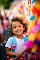 ai gerado uma jovem menina segurando uma gigante pirulito e sorrindo alegremente foto