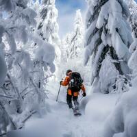 ai gerado uma snowboarder navegação através uma floresta do coberto de neve árvores foto